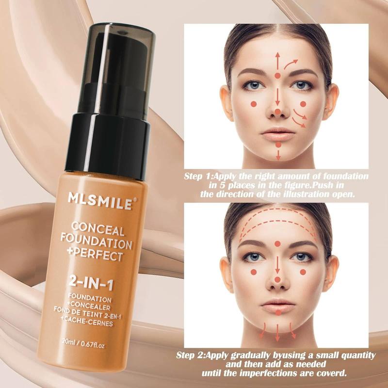 Long-lasting Concealer Foundation, 2 Counts set Lightweight Foundation Suitable for All Skin Types, Oil-control Concealer Foundation for Women & Girls