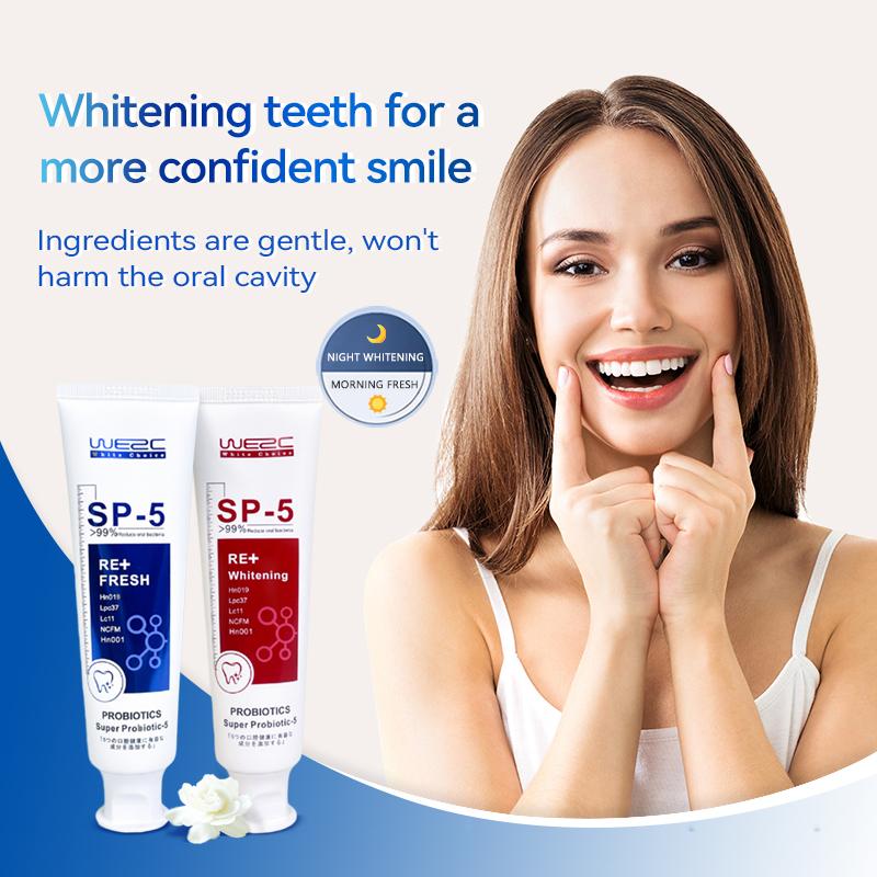 WE2C [SP-5 Probiotic Toothpaste] Whitens teeth, cleans the mouth, removes tooth stains, freshens breath, soft foam, jasmine whitening, mint freshness