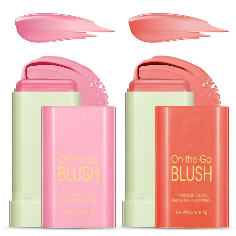 Blush Stick for Cheeks 2 PCS Makeup Blush Stick Hydrated Solid,Cream Natural Nude Makeup Blush Stick Cream for Face Lips Eyes (Shy Pink+Orange)