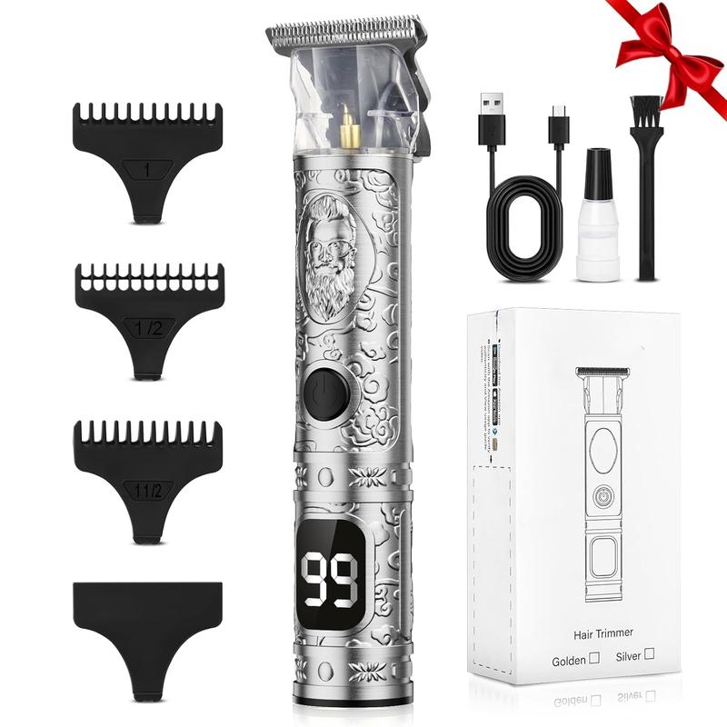 Hair Clippers for Men, Professional Cordless Zero-Gap Trimmer with LCD Display, T-Liner Beard Shaver for Hair Cutting – Barber Gift (Silver)