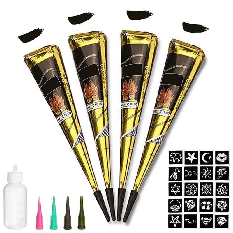 Henna Tattoo Kit, (4 Counts) Natural Herbel Henna, Long Lasting Temporary Henna Black Tattoo Cones, Body Art Henna Tattoo Cream for Women & Men, Temporary Tattoo Painting Tattoo Paste Cone Body Art for Salon, Tattoo Cones, Temporary Tattoos Adult