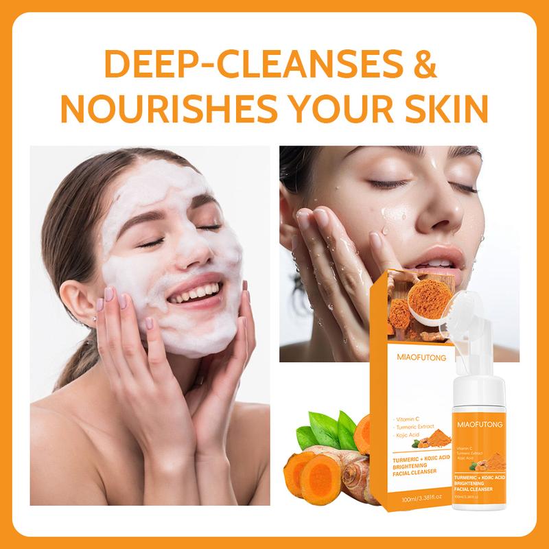 2Pcs 100ml New Turmeric + Kojic Acid Foaming Facial Cleanser + Silicone Brush Cleansing Skincare Comfort Skin Repair Gentle Turmeric Facial Wash Facial Cleansing