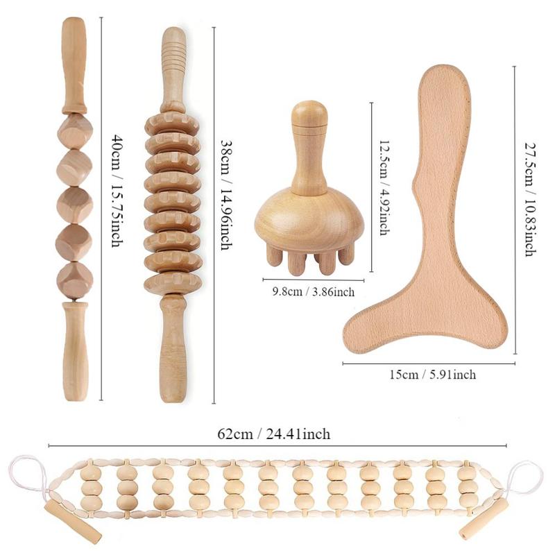 Wood Massage Tool Set, 5pcs set Wooden Body Sculpting Massaging Tools, Wood Roller Massager, Fascia Massager, Gua Sha Tools for Body and Muscle Relaxation