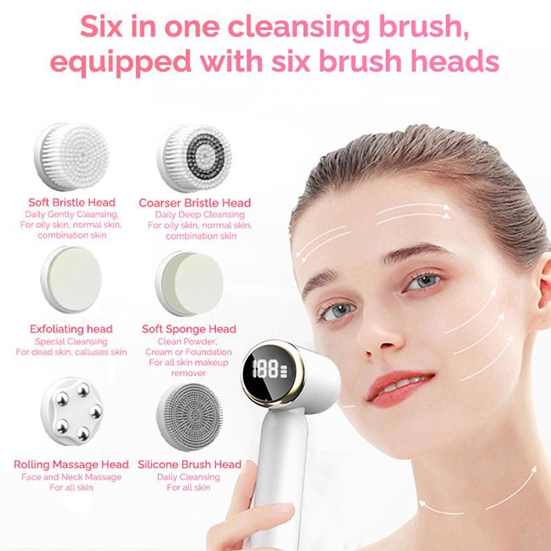 6 in 1 Electric Facial Cleansing Brush with LCD Display Screen, 1 Set Silicone Face Massager, Facial Beauty Instrument for Women & Men, Electric Face Wash