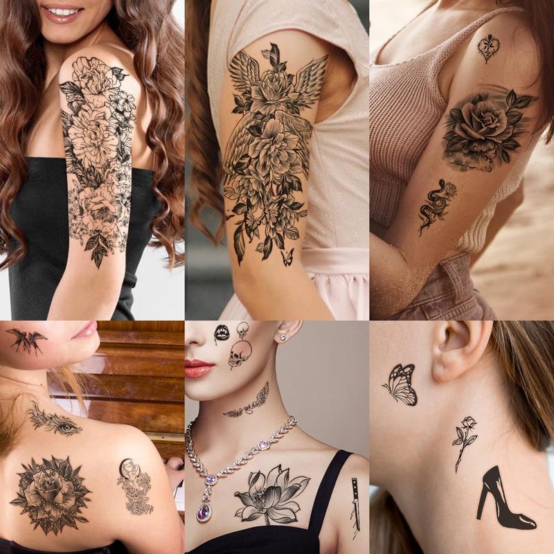 70 Sheets Flower Temporary Tattoos for Women, Includes 10 Half Arm Tattoos Temporary That Look Real and Last Long, Fake Tattoo Semi Permanent Tattoo for Men and Girl
