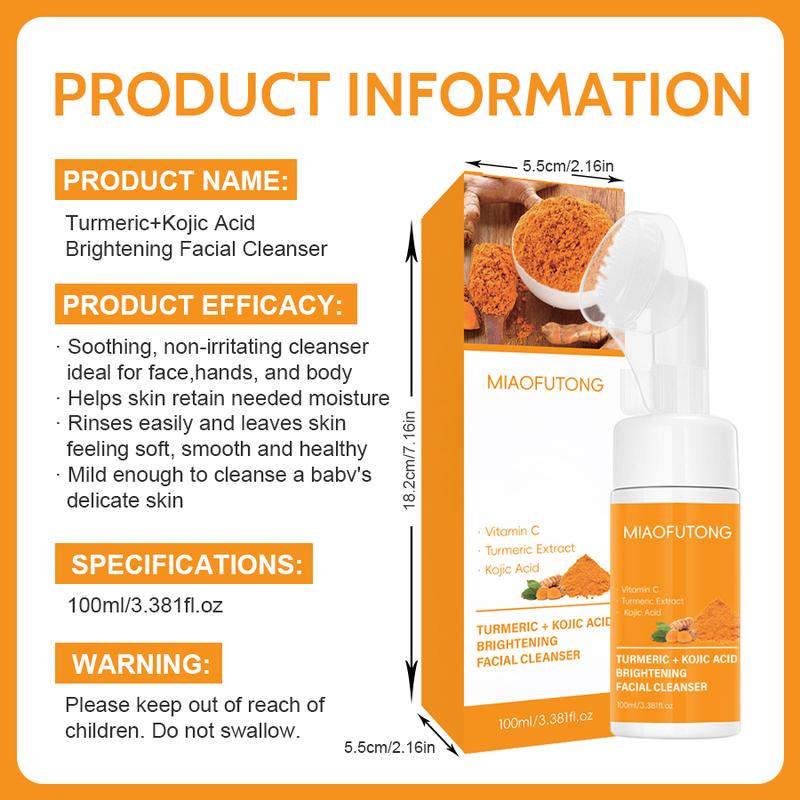 2Pcs 100ml New Turmeric + Kojic Acid Foaming Facial Cleanser + Silicone Brush Cleansing Skincare Comfort Skin Repair Gentle Turmeric Facial Wash Facial Cleansing