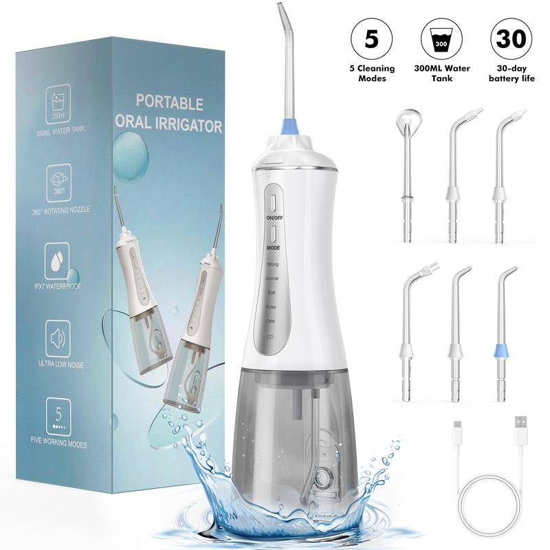 Angevol Powerful Water Flosser. Portable Oral Irrigator. 6 Nozzles. 350ml. IPX7 Waterproof. Household. Cleaning. Cordless