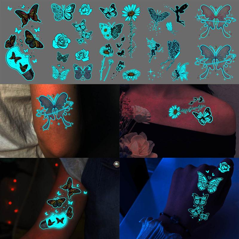 Glow in the Dark Butterfly Pattern Temporary Tattoo Sticker, 15pcs set Cool Body Art Sticker, Body Decoration for Women & Men