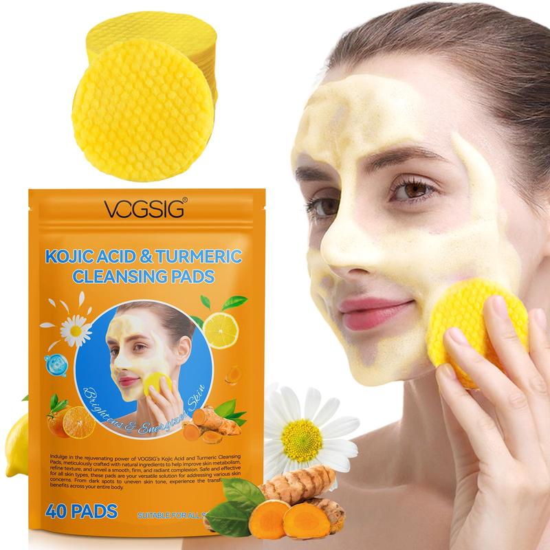 Natural Kojic Acid & Turmeric Cleansing Pads, 40pcs pack Deep Cleansing Mild and Non-irritating Facial Skin Care Cleansing Pads for All Skin Types