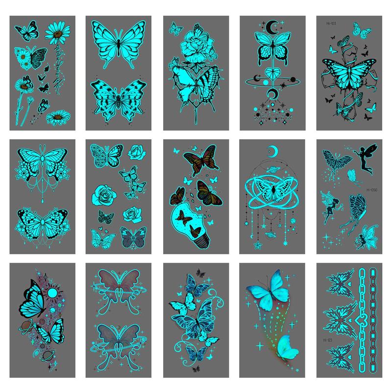Glow in the Dark Butterfly Pattern Temporary Tattoo Sticker, 15pcs set Cool Body Art Sticker, Body Decoration for Women & Men