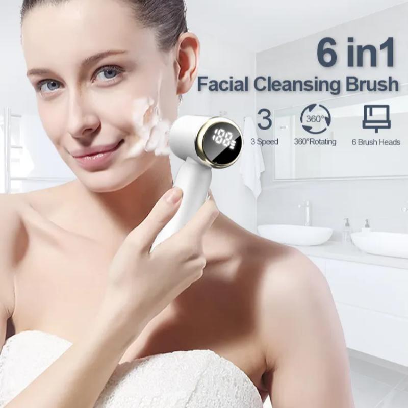 6 in 1 Electric Facial Cleansing Brush with LCD Display Screen, 1 Set Silicone Face Massager, Facial Beauty Instrument for Women & Men, Electric Face Wash