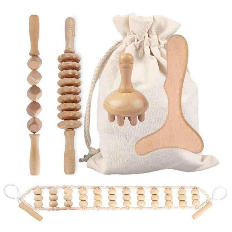 Wood Massage Tool Set, 5pcs set Wooden Body Sculpting Massaging Tools, Wood Roller Massager, Fascia Massager, Gua Sha Tools for Body and Muscle Relaxation