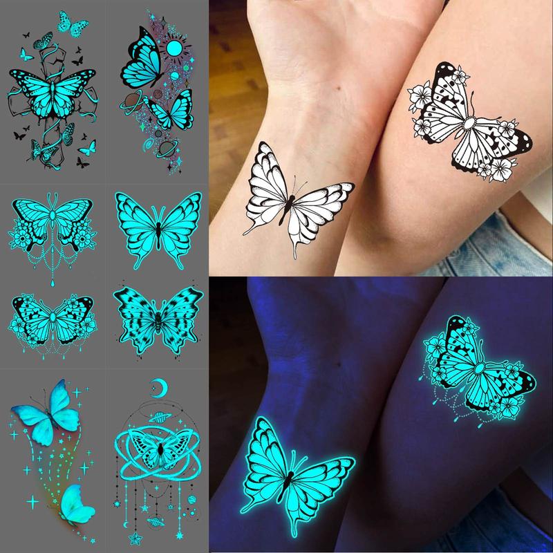 Glow in the Dark Butterfly Pattern Temporary Tattoo Sticker, 15pcs set Cool Body Art Sticker, Body Decoration for Women & Men