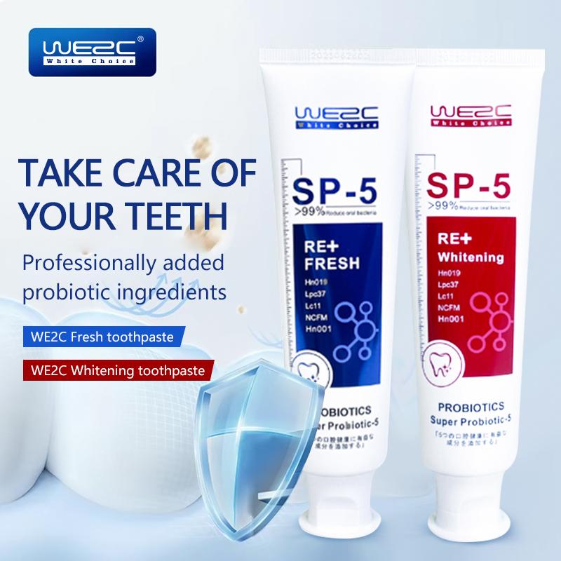 WE2C [SP-5 Probiotic Toothpaste] Whitens teeth, cleans the mouth, removes tooth stains, freshens breath, soft foam, jasmine whitening, mint freshness