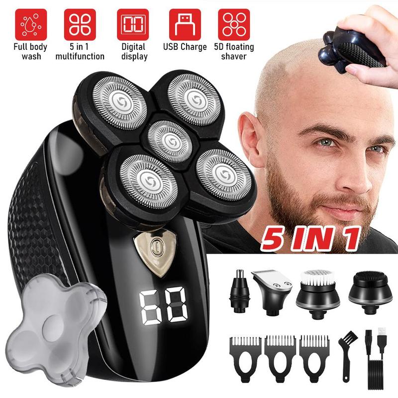 5 in1 Rotary Electric Shaver LCD Rechargeable Bald Head Hair Beard Trimmer Razor Wet Dry, Detachable Head Shavers, SHPAVVER 5D Electric Razor Waterproof for Bald Men, Wet Dry LED Display Rechargeable Rotary Shaver Grooming Kit, Valentine Gift, Mens Gift