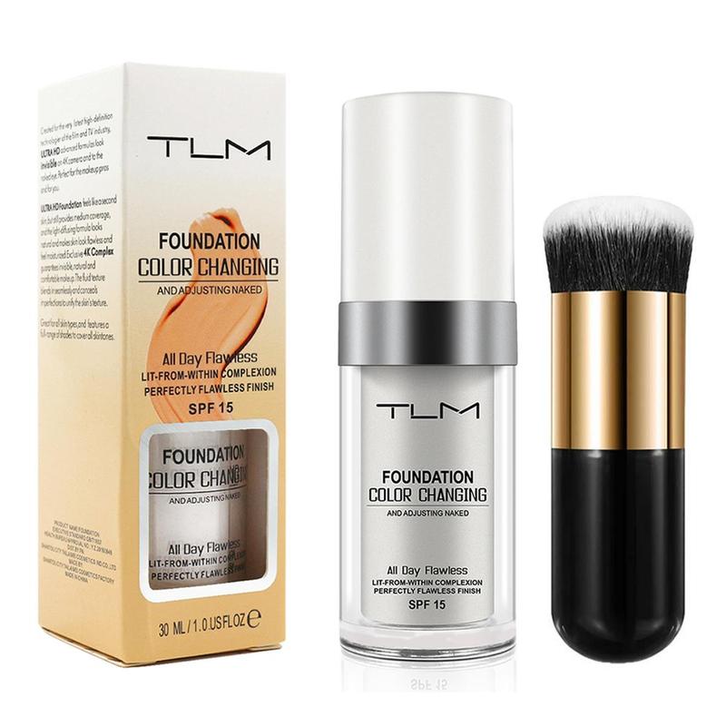 Long Lasting Color Changing Foundation & Makeup Brush Set, 2 Counts set Moisturizing Concealer Foundation & Brush, Makeup Product for Women & Girls, Christmas Gift