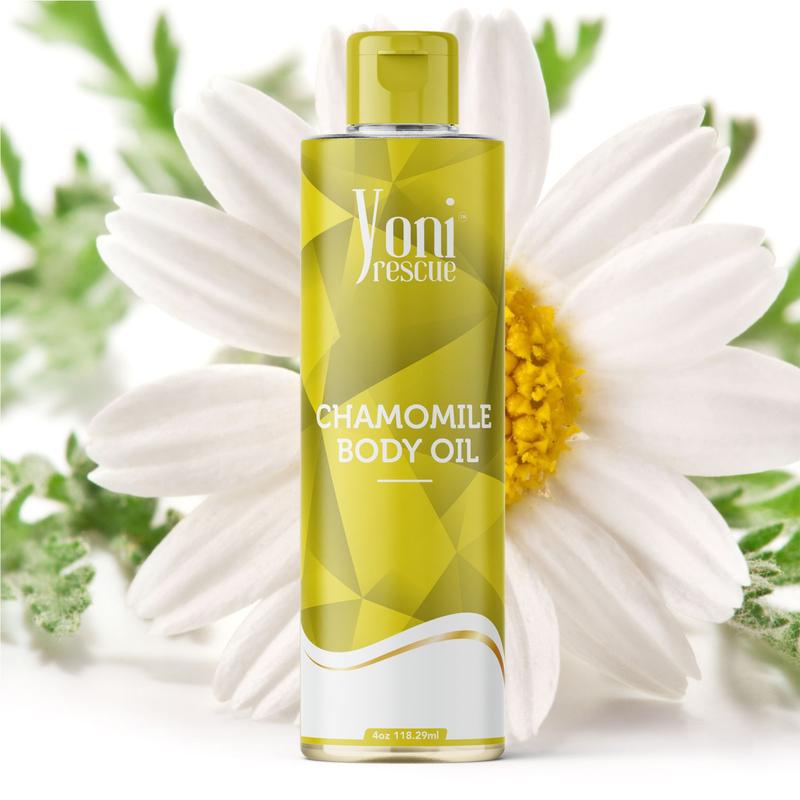 Chamomile Body Oil, 4oz, with Apricot, Jojoba, Avocado Oils & Vitamin E Oil, Daily Moisturizer, Fast-Absorbing, Nourishes and Hydrates Skin, Skin Repair, Body Care, Ideal for All Skin Types, Chamomile Scented Fragrance Moisturizer by Yoni Rescue