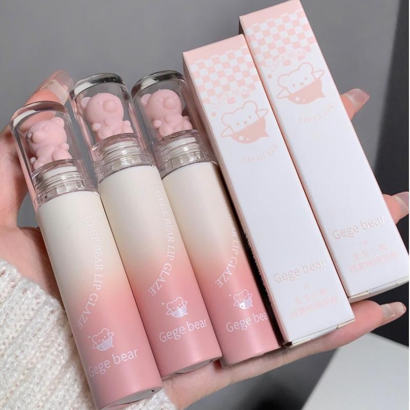Cute Bear Design Long Lasting Makeup Lip Gloss, Velvet Matte Finish Lip Care Lipstick, Easy Coloring Glossy Cosmetic Lip Sticks for Girls & Women, Gift For Gf