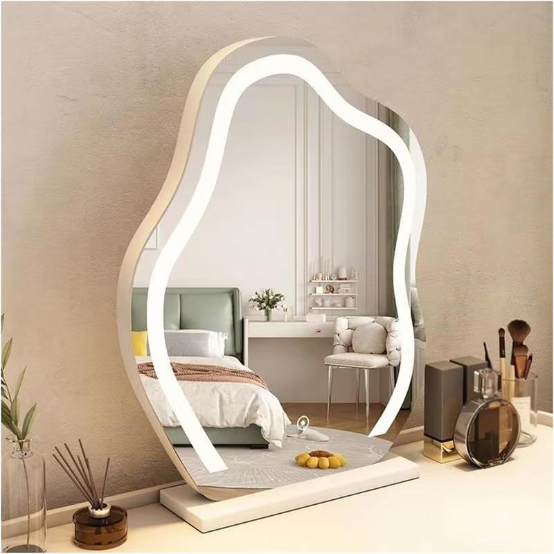 LED Lighted makeup mirror Irregular cloud shape and white base three-color lighting touch control desk mirror tabletop large cosmetic mirror lighted up mir