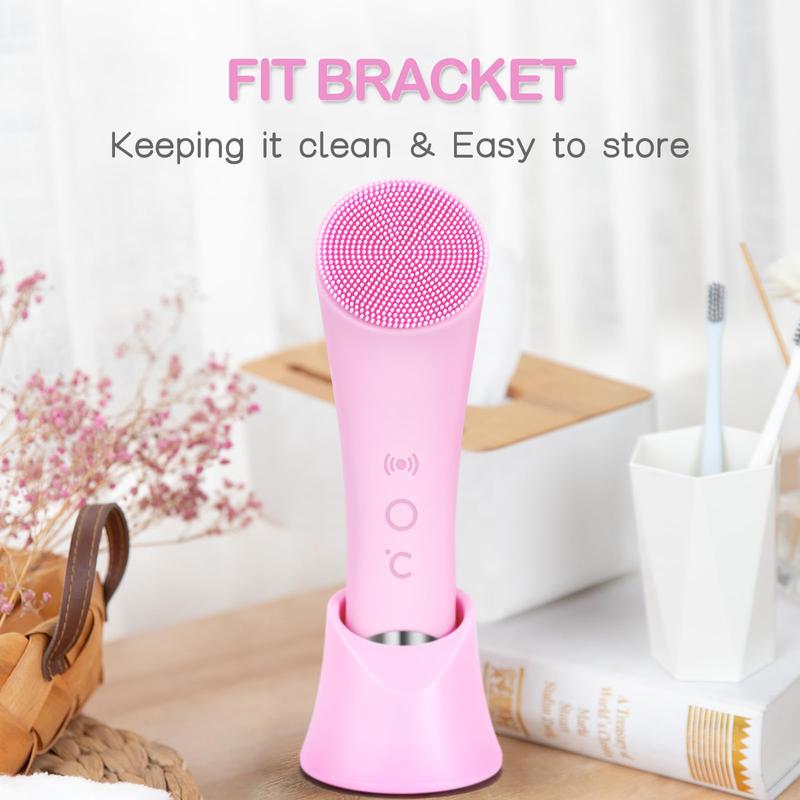 Facial Cleansing Brush, PRITECH Heatable Vibrating Face Scrubber with Massage, Silicone Face Scrubber for Women & Men, Electric Facial Cleanser for Deep Cleansing, Gentle Exfoliating (Pink)