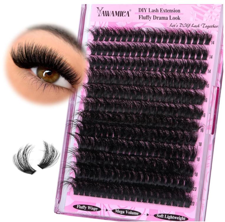 Yawamica Fluffy Lash Clusters Thick 200D Volume Eyelash Clusters 14-20mm Wispy Individual Lashes D Curl Cluster Eyelash Extensions 240pcs DIY Lash Extension for Beginners
