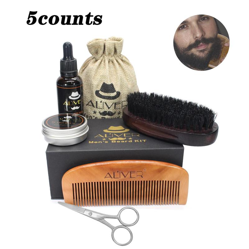 Men's Beard Care Kit with Storage Bag, 5 Counts set Beard Oil & Beard Balm & Comb & Brush & Hair Cutter, Beard Styling Tool for Men