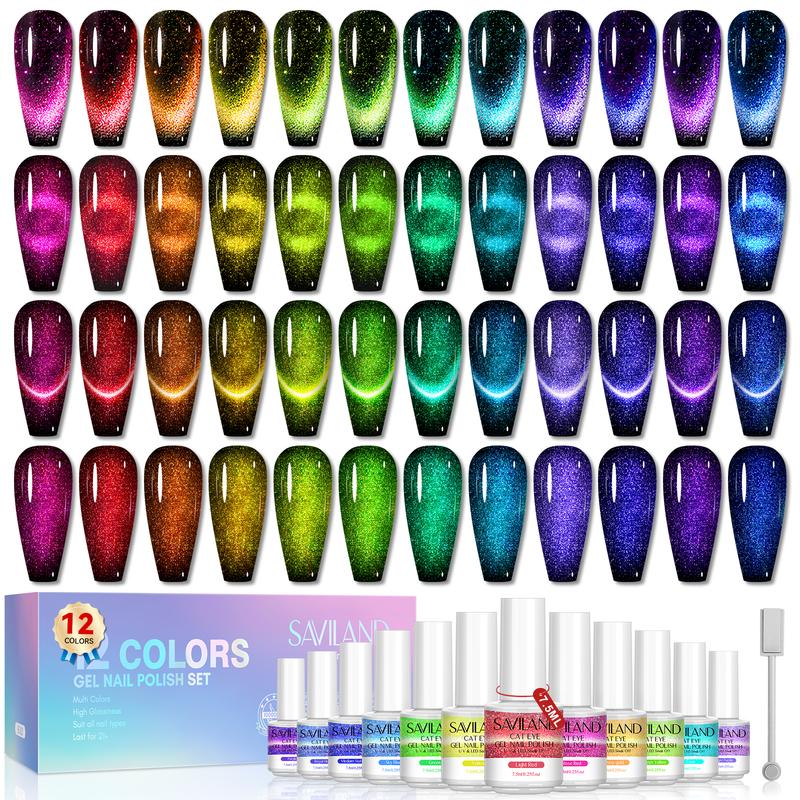 SAVILAND 12 Colors Crystal Cat Eye Gel Nail Polish Set Glitter Spring Summer Shiny Dreamy Series with Double-head Magnetic Stick Reflective Disco 2023 Manicure DIY Sparkle Nail Art Salon Home Gifts Nail Care Cutics Cosmetic