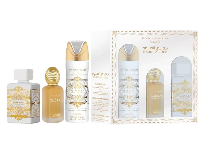 (3pc Gift Set) Honor and Glory by Lattafa 3.4oz EDP + 1.7oz Hair Mist + 6.8oz Body Spray