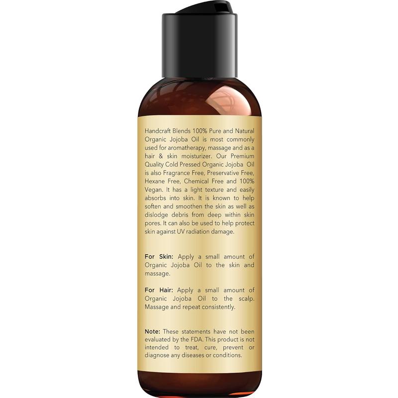 Handcraft Blends USDA Organic Jojoba Oil - 4 Fl Oz - 100% Pure and Natural - Premium Grade Oil for Skin and Hair - Anti-Aging Oil - Cold-Pressed and Hexane-Free Handcraft Blends Handcraft Blends Handcraft Blends Handcraft Blends