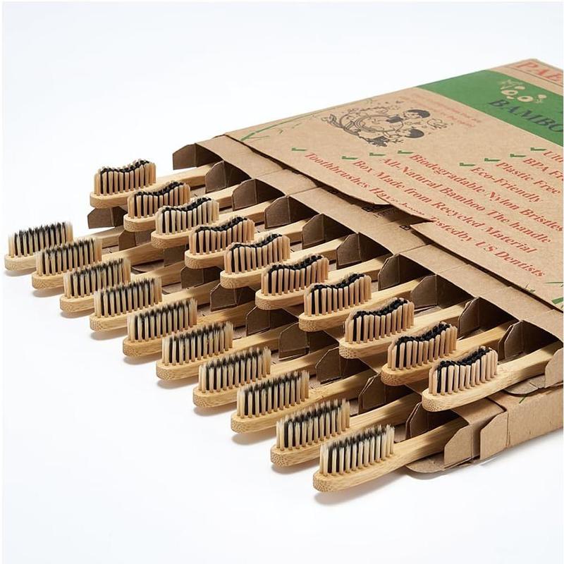 20 Count Bamboo Toothbrushes (Soft+Medium), Natural Wood Toothbrushes Bulk, Eco-Friendly, BPA Free, Biodegradable & Compostable Charcoal Wooden - Reusable Travel Toothbrushes