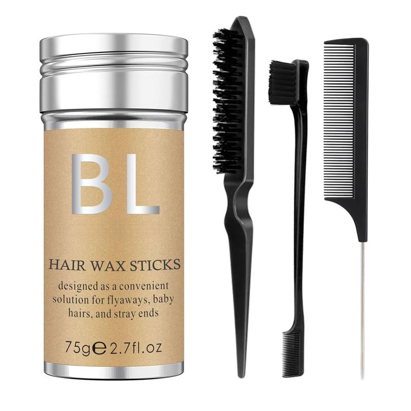 Hair Wax Stick & Slick Back Styling Kit - 4-Pack for Flyaways, Edges, & Wigs. Includes Edge Brush, Teasing Brush, & Rat Tail Comb. Perfect for Kids & Women. Stylish & Easy to Use!