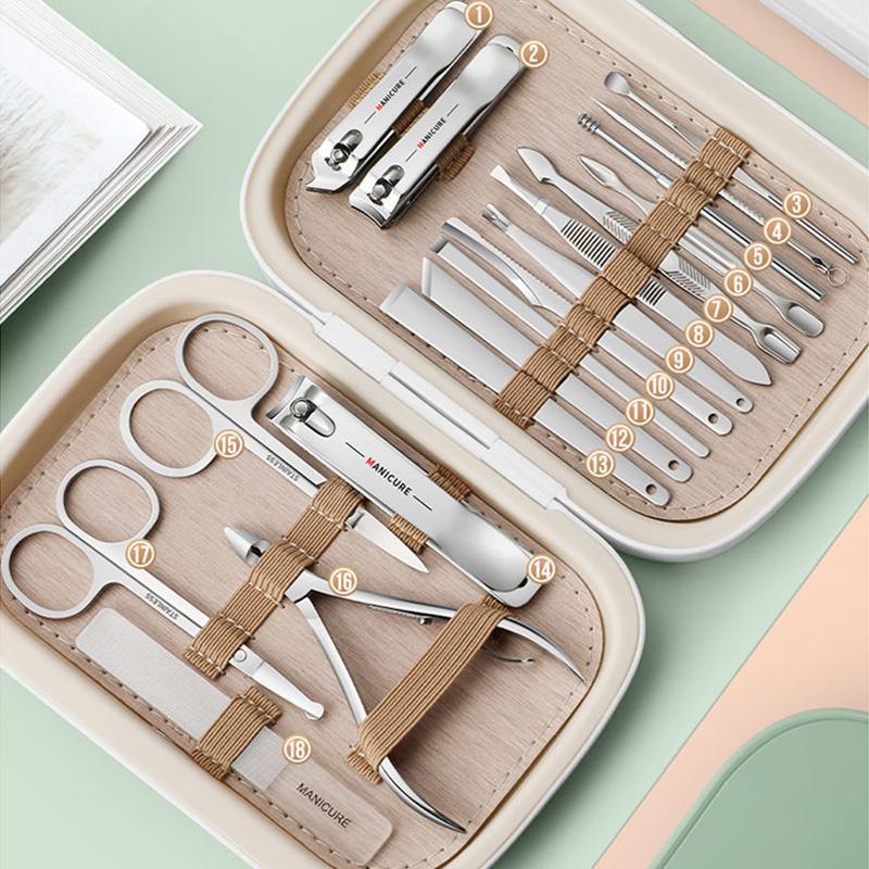 Professional Manicure Set, 18pcs set Stainless Steel Nail Clipper Set with Storage Case, Manicure & Pedicure Tool for Home & Travel