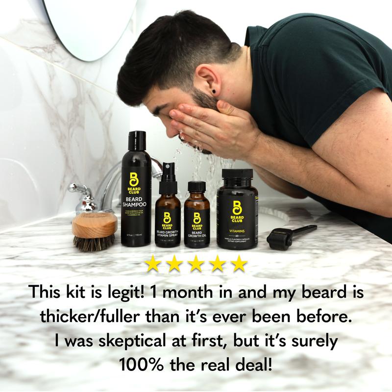 Advanced Beard Growth Kit - Beard Club - Derma Roller, Beard Growth Oil, Beard Growth Vitamins and Beard Growth Vitamin Spray, Beard Shampoo, Derma Cleansing Spray, and Beard Brush - Gift Set