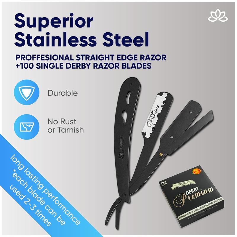 Razor with 100 straight blades - Hairdressing straight razor - Close shaving manual razor - Disposable straight blades (Matte black razor with 100 black blades)