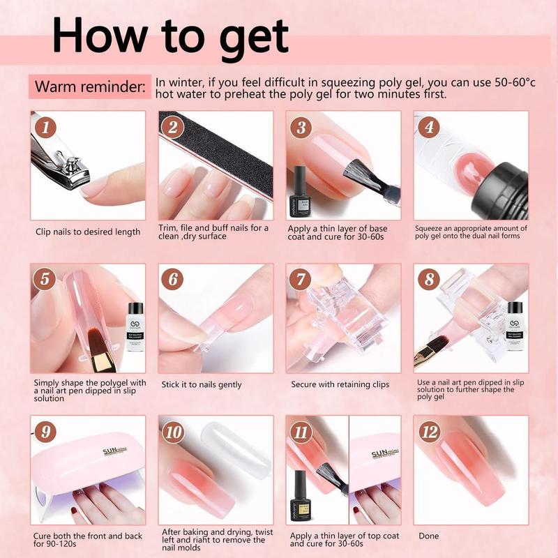 Long-lasting Poly Gel Nail Extension Kit, 1 Set LED UV Hard Fiber Gel for Nail Retouching and Extension, Easy to Use, Home Nail Art for Beginners