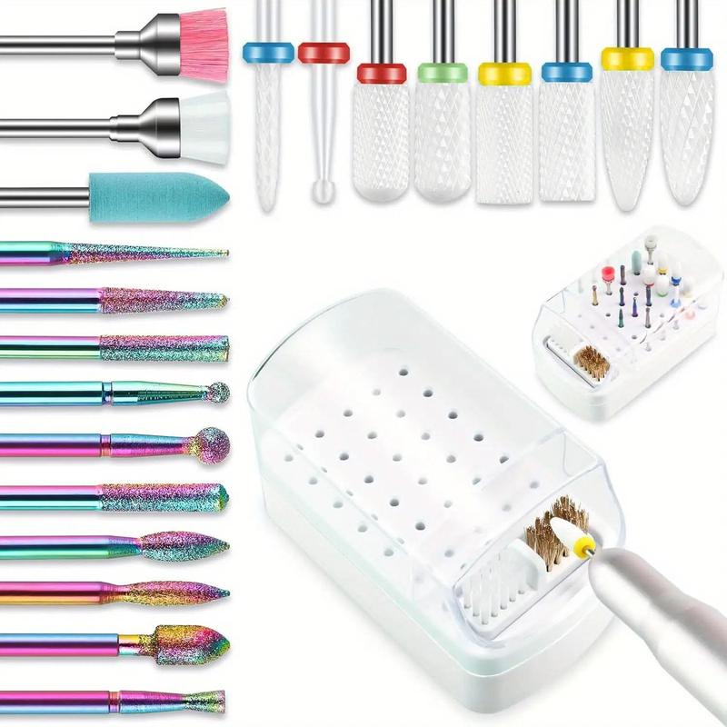 Nail Drill Bits Set with Nail Drill Holder Case, 21pcs set Diamond Cuticle Electric Nail File & Ceramic Acrylic Gel Nail Bit Kit, Manicure Pedicure Tool