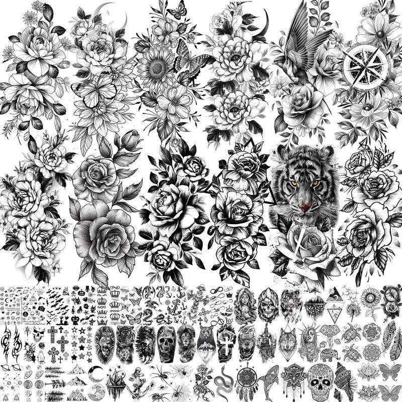Tiger & Flower & Skull Pattern Temporary Tattoo Sticker, 67pcs Waterproof Fake Tattoo Decals, DIY Body Art Sticker for Women & Men