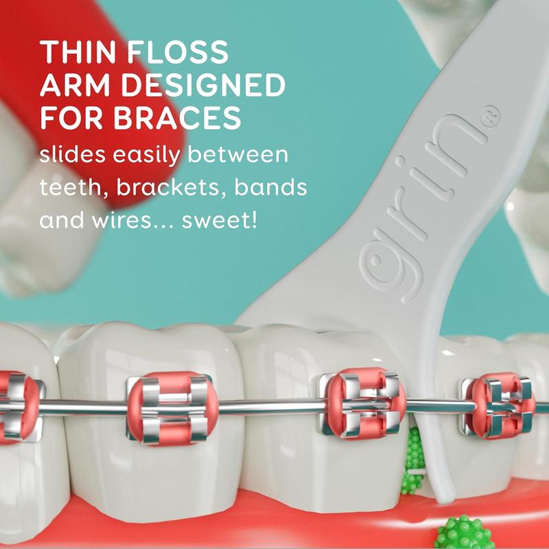 GRIN Braces Flosser, Floss Picks Designed for Braces, 60 Count, Dental Flossers, Recycled Plastic, Ortho Approved, Premium Thin Floss, Includes Handy Wax Scraper and Pick