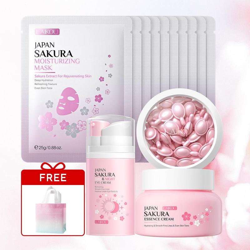 Sakura Skin Care Set (1 Set), Moisturizing Skin Care Kit, Including Eye Cream, Face Cream, Serum Capsules, Face Mask, Skin Care Product for Women