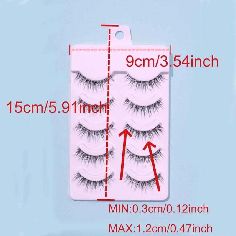 5 Pairs Natural Look False Eyelashes, Wispy Clear Band Faux Cluster Lashes, Fish Tail Shaped Curling Eye Makeup Lashes Strip