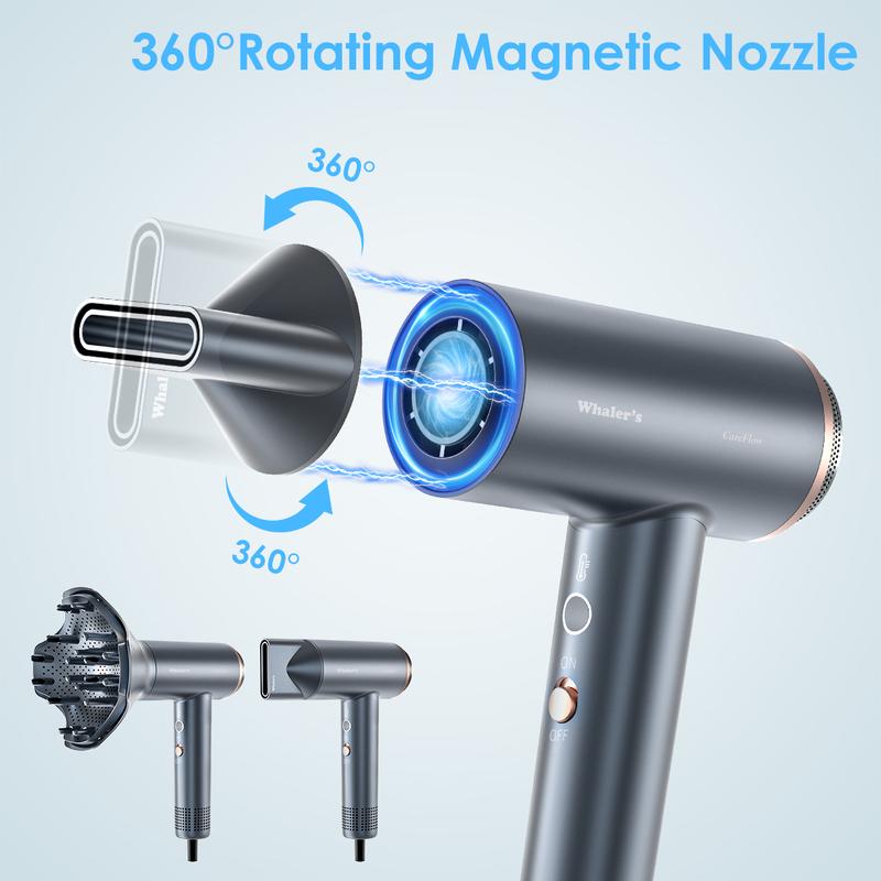WHALER'S Hair Dryer - High-Speed Brushless Motor Negative Ionic Blow Dryer for Fast Drying, Low Noise Thermo-Control Hair Dryer with Diffuser and Nozzle