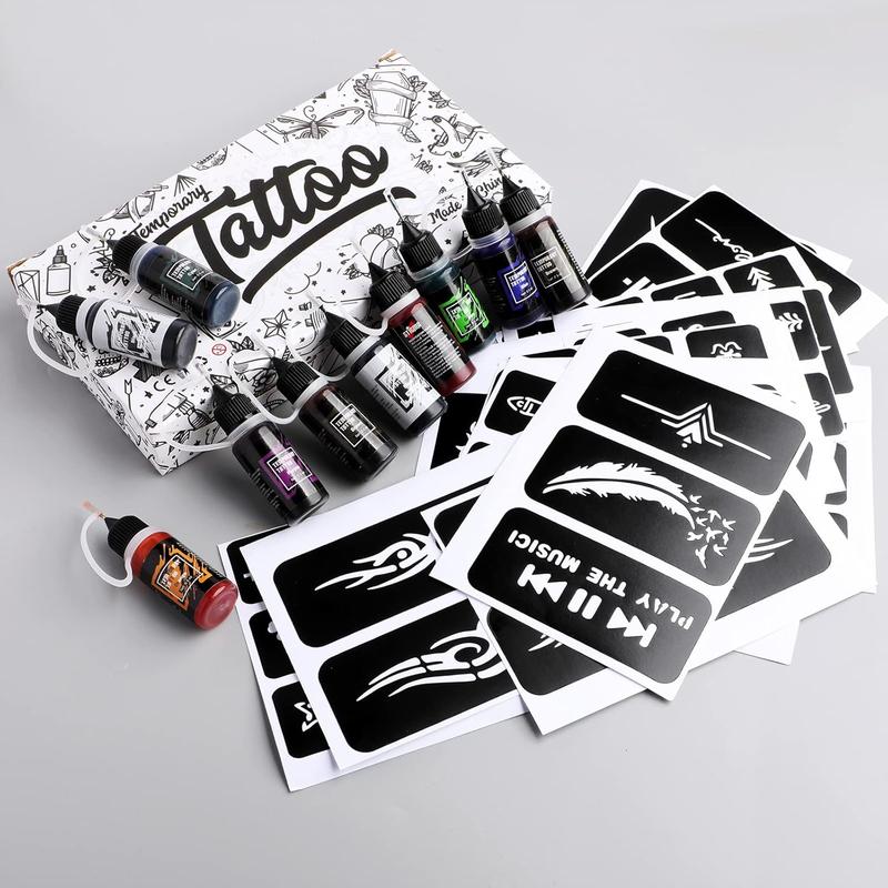Temporary Tattoo Kit 10 Bottles Color Inks, 84 Pcs Stencils Kit for Body Paint DIY Tattoos Temp, DIY Fake Tattoo for Women Kids (all colors)