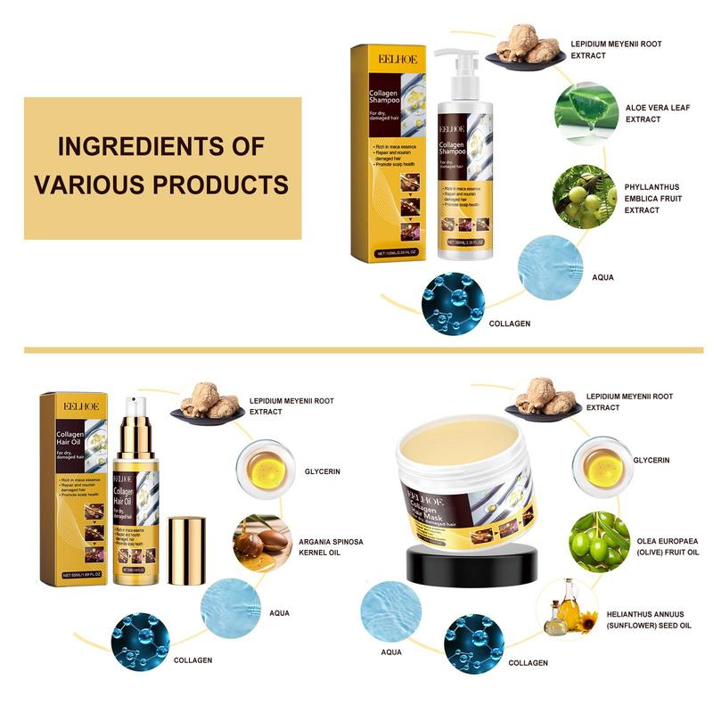Collagen Hair Mask & Shampoo & Hair Oil Set, 3 Counts set Deep Moisturizing Hair Mask & Shampoo & Hair Care Oil, Hair Care  Product for Women & Men