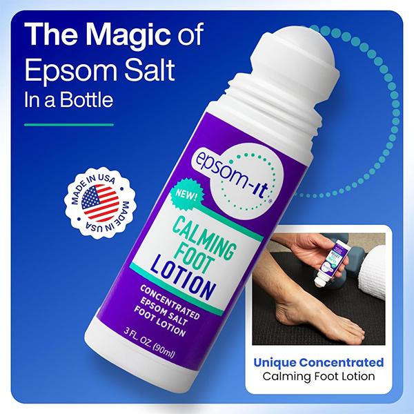 EPSOM-IT Calming Foot Lotion - Roll on Magnesium Sulfate Lotion for Tired Feet & Ankles, Leg Cramps & Achy Feet - Topical Epsom Salt with Urea to Soften Tough Skin and Cracked Heels, 3.0 oz