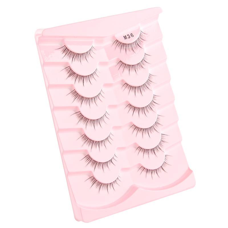 0.8cm Short Natural False Eyelashes, 7 Pairs Reusable Wispy Faux Cluster Lashes, Curling Transparent Stem Eye Makeup Lashes Strip