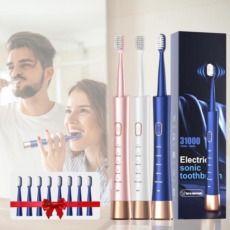 Electric Toothbrush, 1 Box Rechargeable Sonic Toothbrush with 8 Counts Replacement Brush Heads, Portable Toothbrush for Home & Travel, Christmas Gift