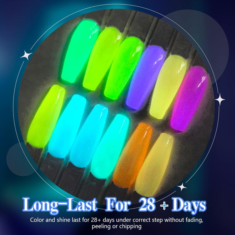 Glows In The Dark Gel Nail Polish Set - 12 Holiday Colors Luminous Neon Nail Gel Polish Set Soak Off U V LED Glow Effect Nail Polish For Nail Art Design Holiday Gifts For Women