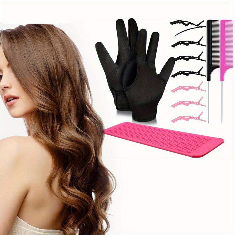11pcs Hair Styling Tools Set, Includes 3 Finger Heat Resistant Gloves, Silicone Mat, 6 Hair Clips, 2 Styling Combs for Curly hair styling