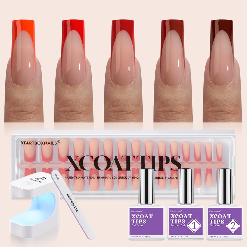 btartboxnails XCOATTIPS French Tip Press on Nails - Red Press On Nails Square, Christmas Long Fake Nails, French Protecting Duo, Nail Lamp, All in One Soak Off Acrylic Fake Nail Extension