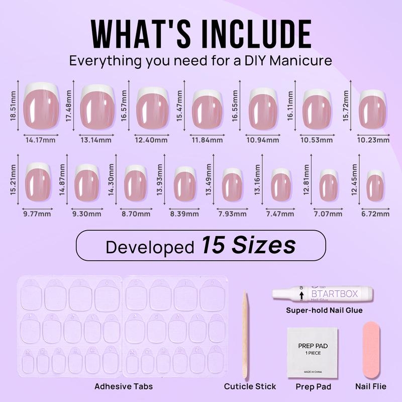 BTArtbox Press on Nails Short - White French Tip Press On Nails Square for Christmas Day Gifts, Chrome Glazed Glue On Nails, Stick On Nails in 15 Sizes - 30 Soft Gel Fake Nail Kit, Be Elegant